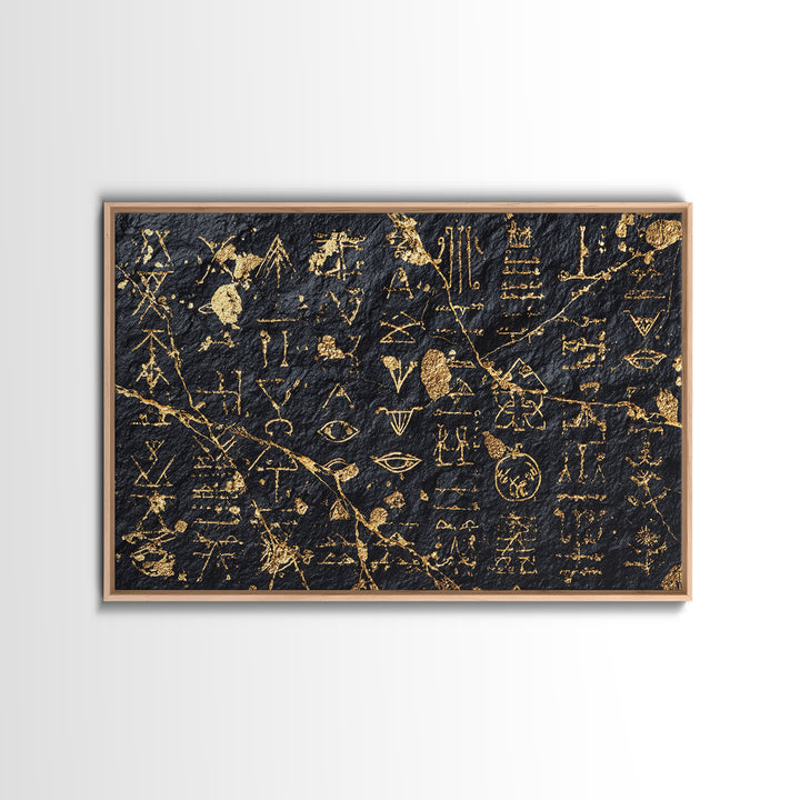 Gold Ancient Glyphs Wall Art, African Egyptian Art Print, Black Gold Canvas, Tribal Symbols Cultural Home Decor Gift Idea