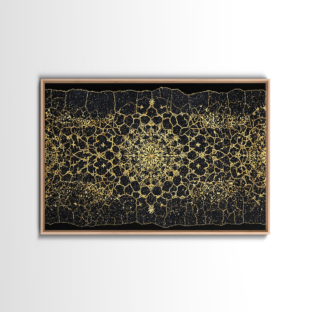 Black Gold Mandala Pattern Canvas Print, African Abstract Art, Luxury Geometric Wall Decor, Boho Home Decor Gift For Her