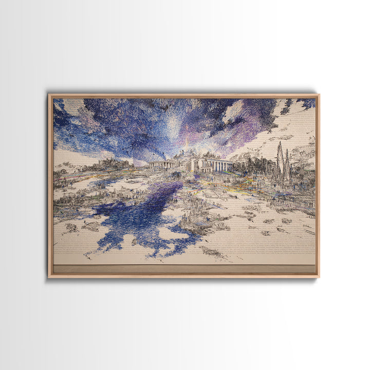 Blue River Ruins Landscape Wall Art, Classical Architecture Canvas Print, Dreamy Nature Scene, Elegant Office Home Decor Gift