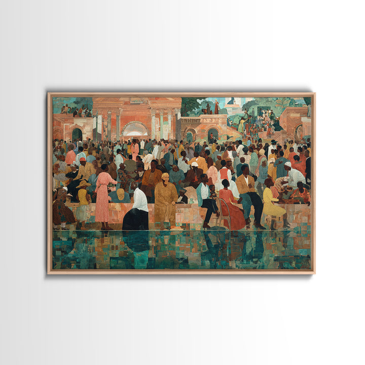 Vibrant African Plaza Crowd Wall Art, Cultural Celebration Canvas Print, Black People Decor, Afrocentric Home Decor Gift