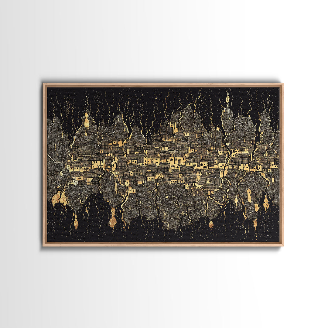 Gold Black Mystical City Wall Art, Abstract African Pattern Canvas Print, Modern Tribal Decor, Luxury Home Decor Statement Piece
