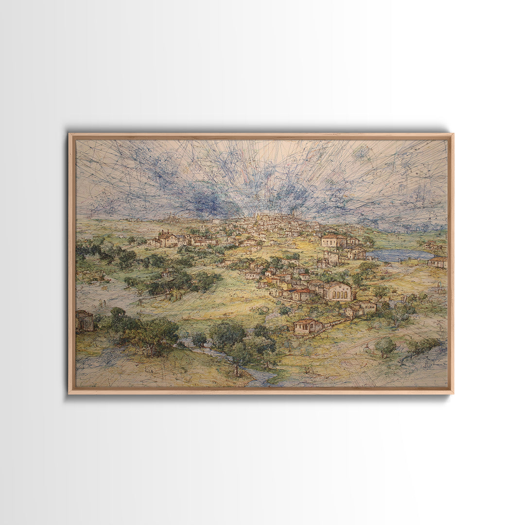 Radiant Rural Town Landscape Wall Art, Sunburst Countryside Canvas Print, African Inspired Decor, Elegant Home Decor Gift