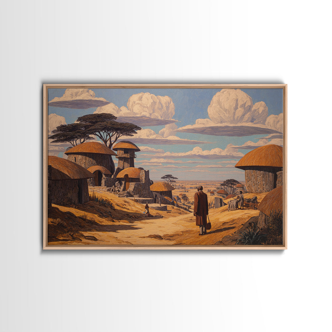 Thatched Village Path With Traveler Wall Art, African Landscape Canvas, Safari Hut Decor, Cultural Home Decor Gift For Living Room