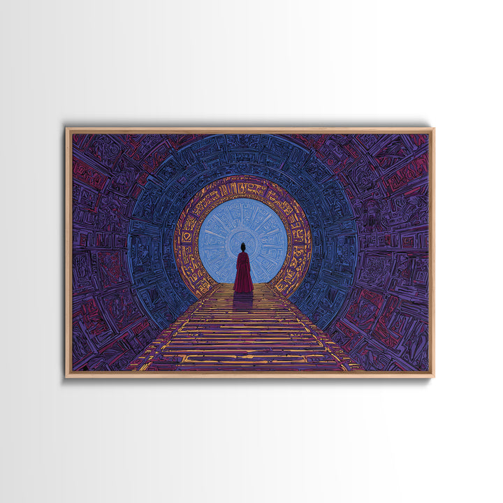 Red Robed Woman Before Blue Portal Framed Canvas Print, Mystical African Art, Spiritual Wall Decor For Meditation Room Gift