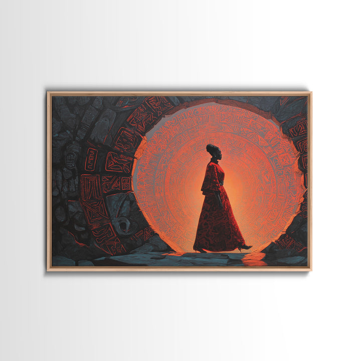 Silhouette Woman At Orange Ancient Portal Wall Art, Afrofuturism Canvas Print, Spiritual African Decor For Home Or Office