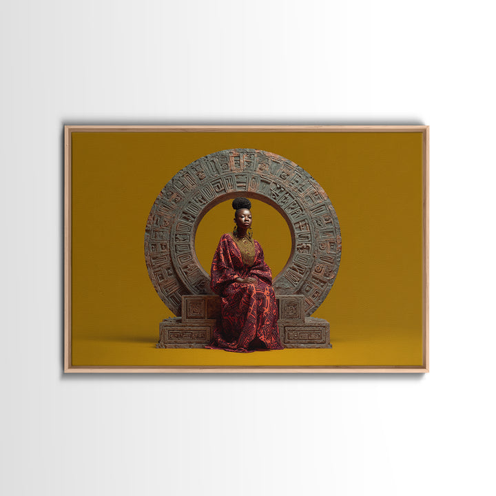 Seated African Queen In Red Robe Canvas Print, Regal Portrait Wall Art, Cultural Home Decor, Black Goddess Gift For Living Room