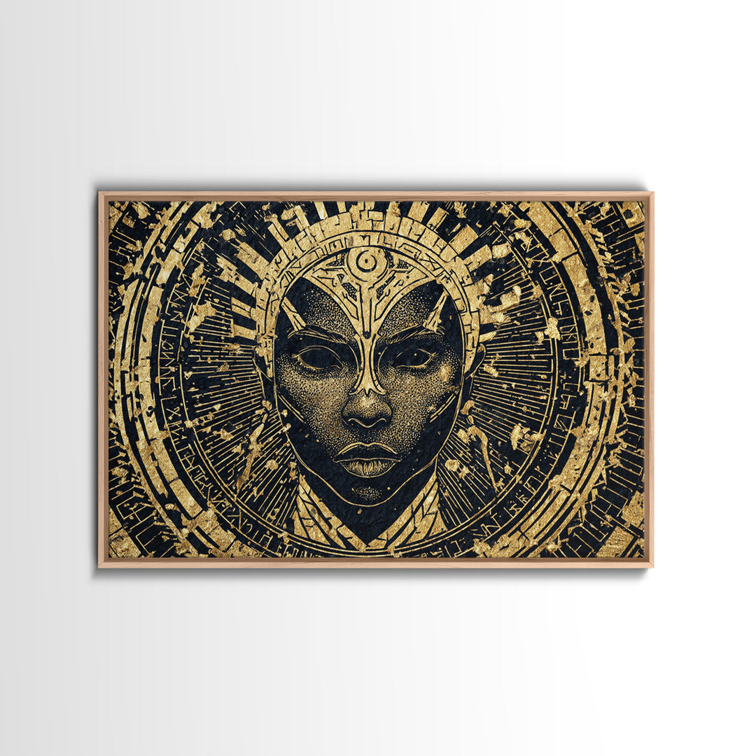Gold Black Tribal Mask Face Wall Art, African Abstract Portrait Canvas Print, Spiritual Statement Decor For Living Room Gift