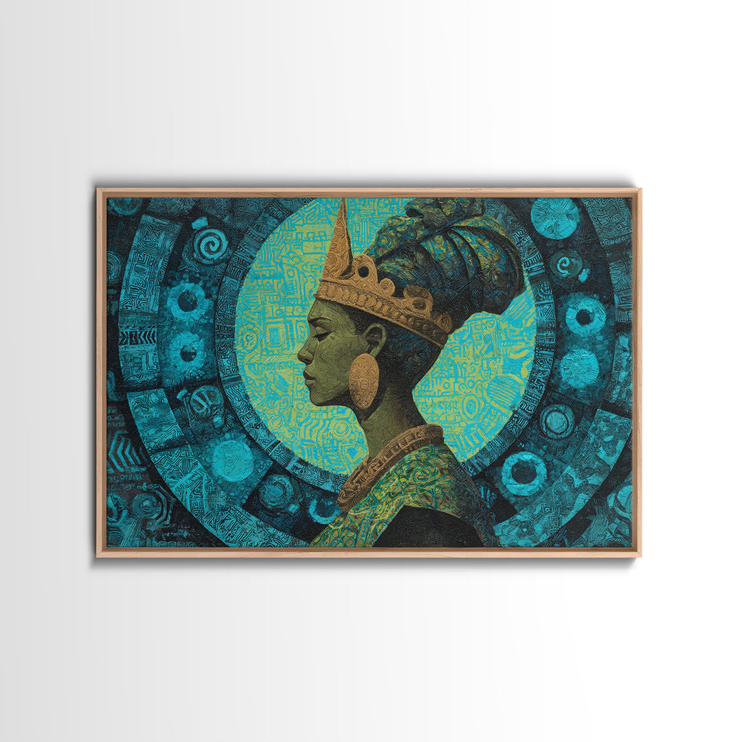 Turquoise Crowned African Queen Profile Wall Art, Afrocentric Portrait Canvas Print, Teal Cultural Decor For Home Or Office Gift