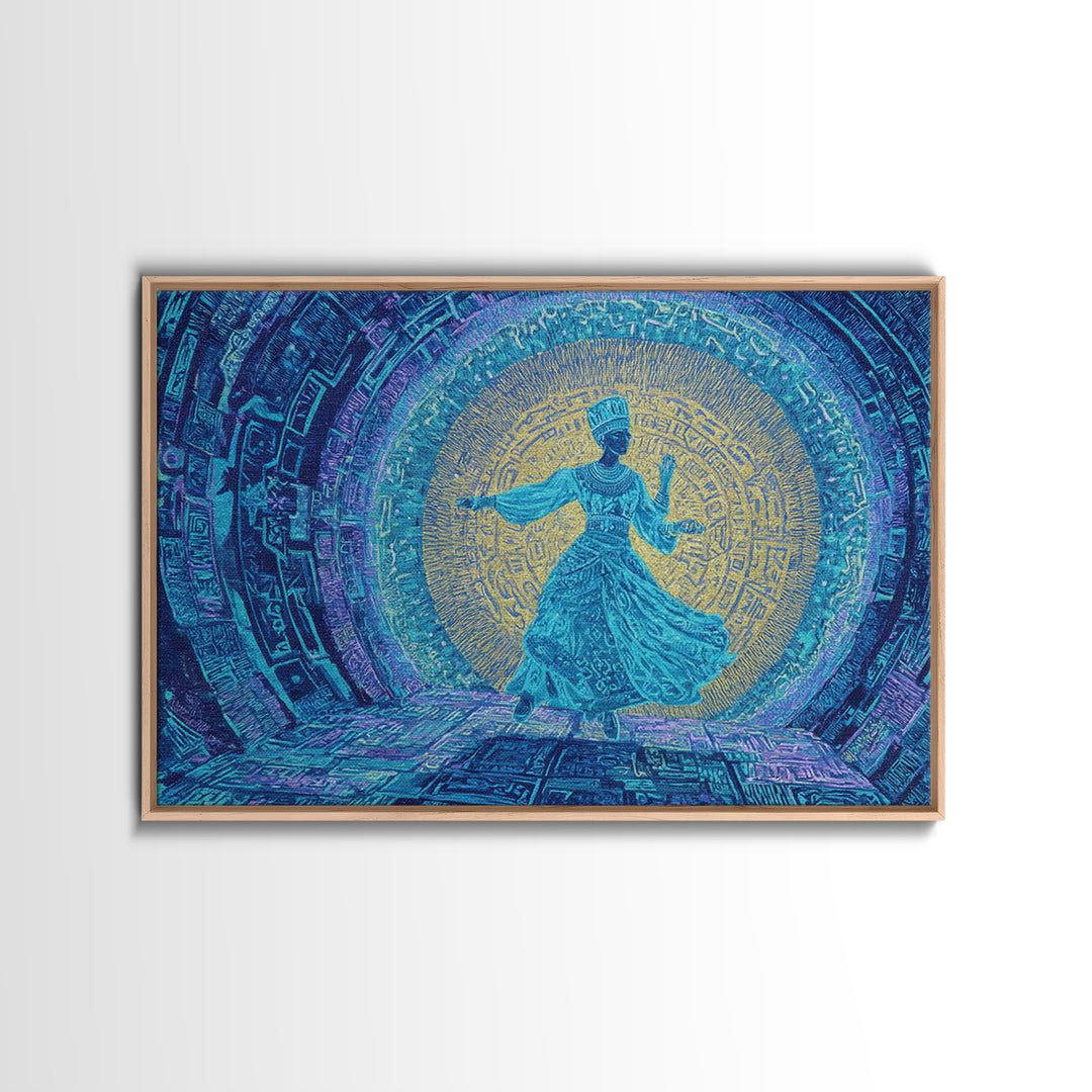 Ethereal Blue Whirling Dancer Portal Wall Art, African Inspired Spiritual Wall Decor, Teal Gold Boho Modern Canvas Print