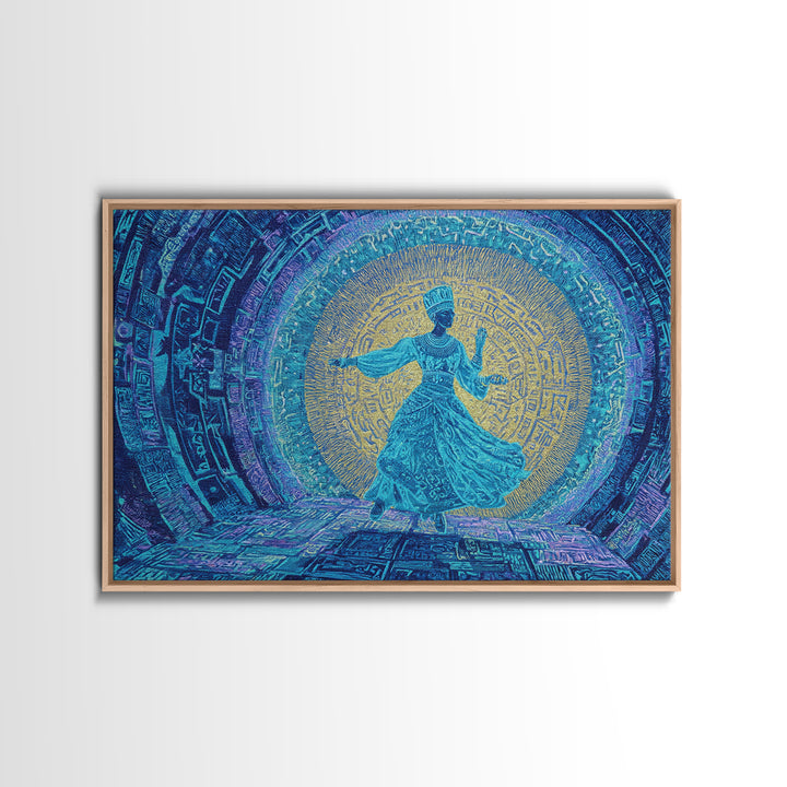 Ethereal Blue Whirling Dancer Portal Wall Art, African Inspired Spiritual Wall Decor, Teal Gold Boho Modern Canvas Print