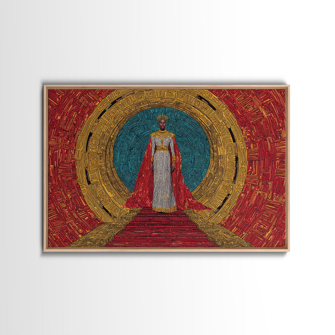 Regal African Queen In Red Cape Framed Canvas Print, Afrocentric Wall Art, Black Goddess Portrait, Luxury Home Decor Gift