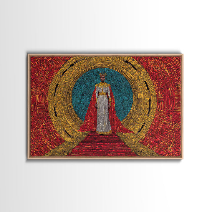 Regal African Queen In Red Cape Framed Canvas Print, Afrocentric Wall Art, Black Goddess Portrait, Luxury Home Decor Gift