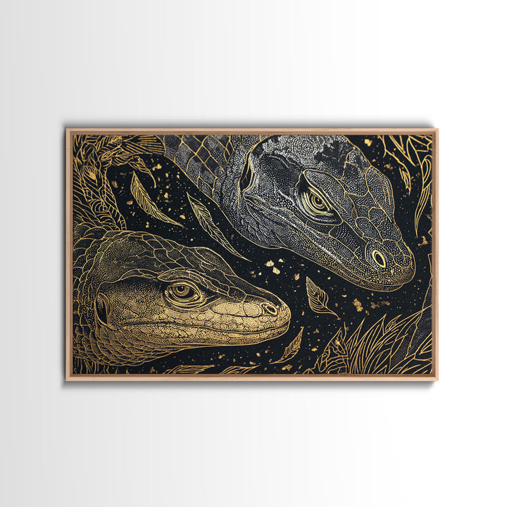Black And Gold Lizard Pair Wall Art, African Animal Art Print, Elegant Reptile Home Decor, Luxury Canvas Print, Nature Gift