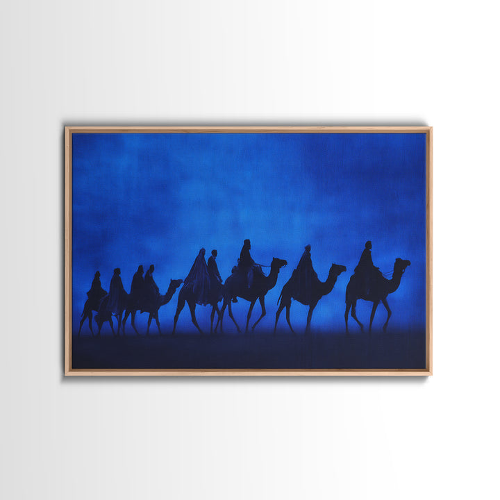 Blue Desert Camel Caravan Silhouette Wall Art, African Travel Poster, Sahara Safari Decor, Minimalist Canvas Print Gift For Him