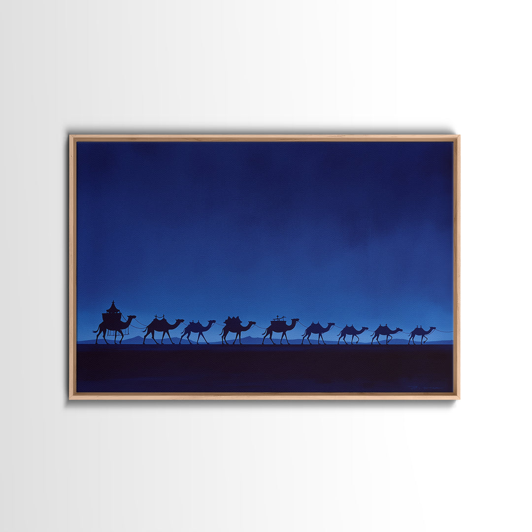 Minimalist Blue Camel Caravan Silhouette Wall Art, African Safari Print, Moroccan Travel Poster, Modern Desert Home Decor