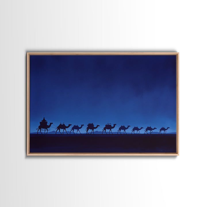Minimalist Blue Camel Caravan Silhouette Wall Art, African Safari Print, Moroccan Travel Poster, Modern Desert Home Decor