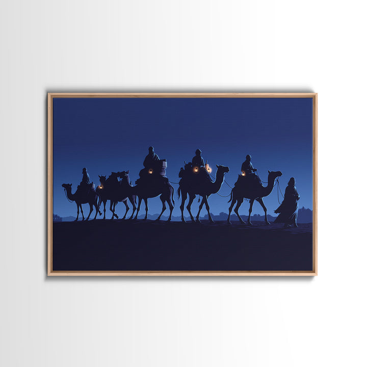 Midnight Camel Riders With Glowing Lanterns Canvas Print, African Safari Art, Blue Wall Decor, Moroccan Travel Gift For Home Decor