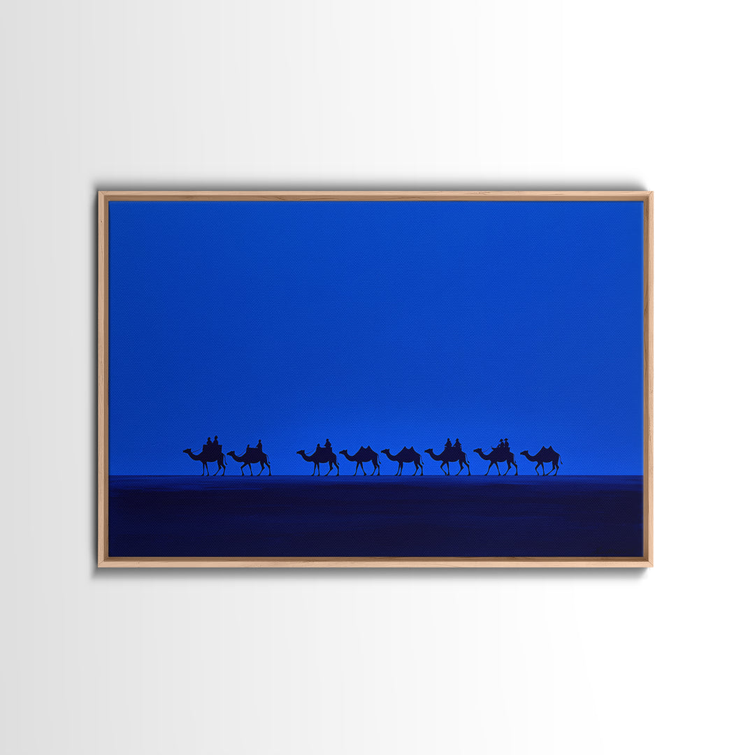 Minimalist Blue Desert Camel Caravan Canvas Print, African Safari Art, Modern Wall Decor, Large Living Room Artwork, Blue Home Decor