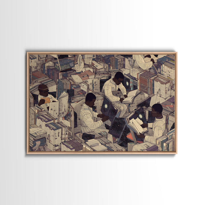 Surreal Black Scholars In Floating Book City Wall Art, Afrofuturism Decor, Black Culture Art, Unique Office Decor, Home Decor Gift