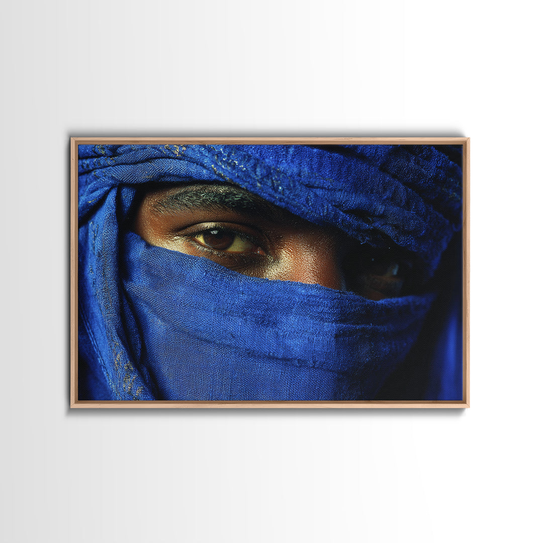 Blue Veiled Tuareg Eyes Portrait Framed Canvas Print, African Portrait, Moroccan Travel Art, Bold Cultural Wall Decor, Gift For Him
