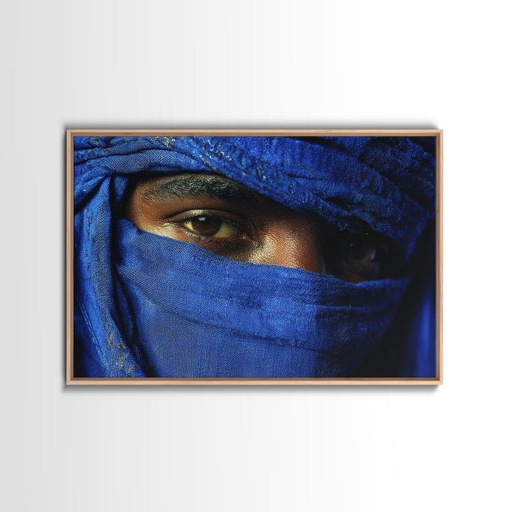 Blue Veiled Tuareg Eyes Portrait Framed Canvas Print, African Portrait, Moroccan Travel Art, Bold Cultural Wall Decor, Gift For Him