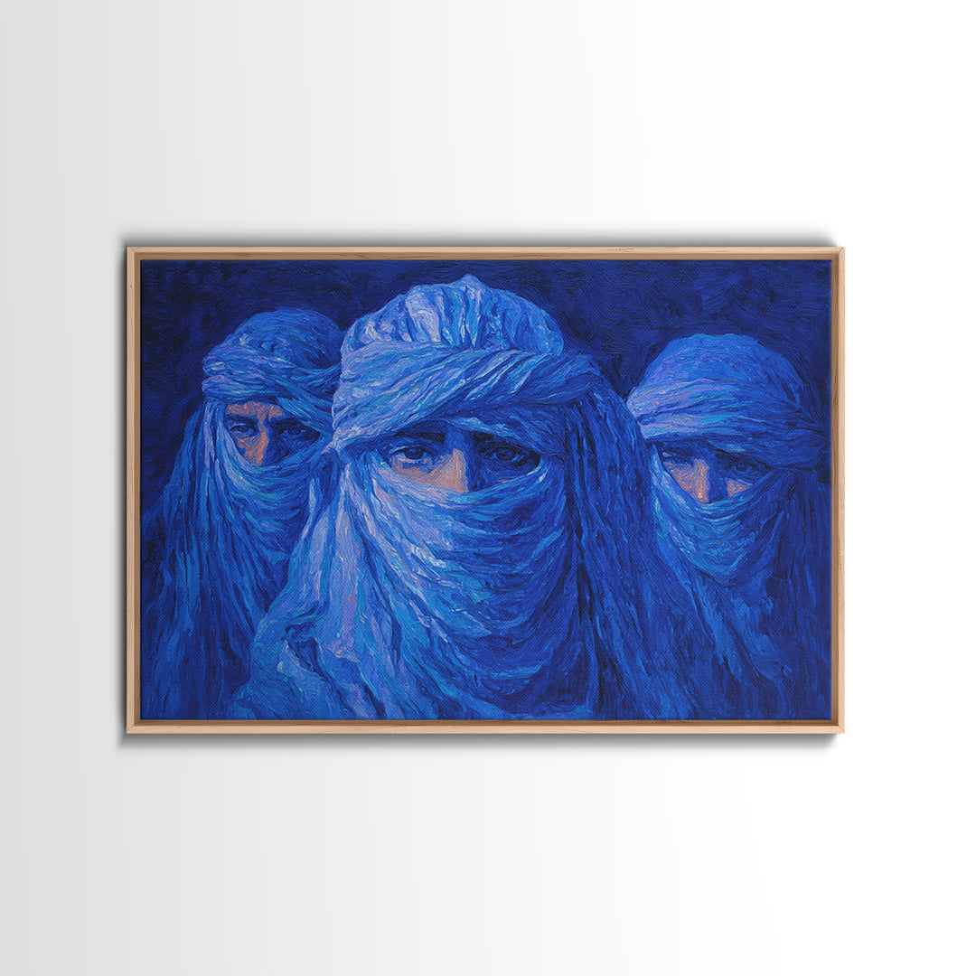 Blue Veiled Desert Nomad Portraits, African Wall Art, Tuareg Inspired Canvas Print, Afrocentric Decor, Bold Blue Gift For Home