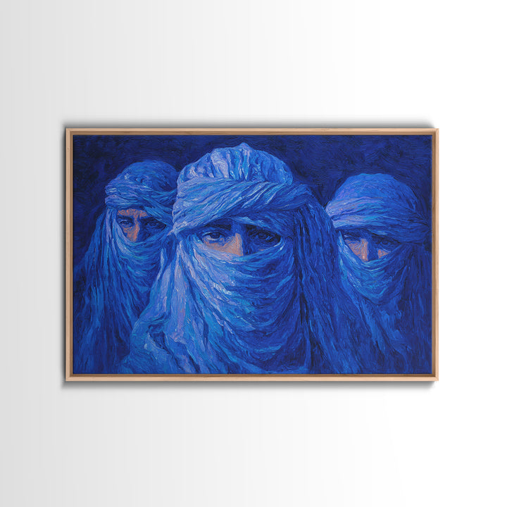 Blue Veiled Desert Nomad Portraits, African Wall Art, Tuareg Inspired Canvas Print, Afrocentric Decor, Bold Blue Gift For Home