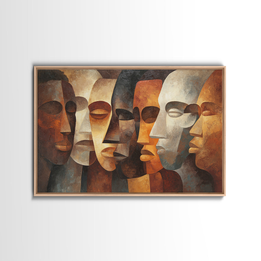 Earth Tone Abstract African Masks, Canvas Print, Cubism Wall Art, Tribal Faces, Modern Afrocentric Home Decor Gift For Living Room