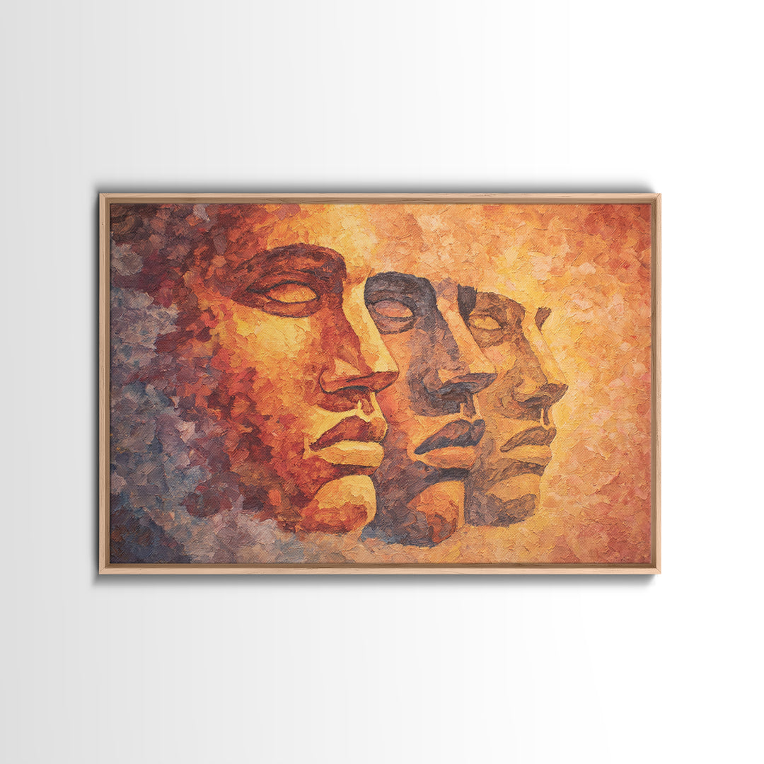 Textured Orange Ancestral Face Profiles, Framed Canvas Print, Abstract African Art, Warm Earth Tone Portrait Wall Decor Gift
