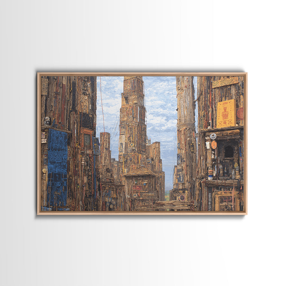 Textured Afro Futuristic City Street, Canvas Print, African Inspired Wall Art, Urban Architecture Decor, Cultural Home Gift
