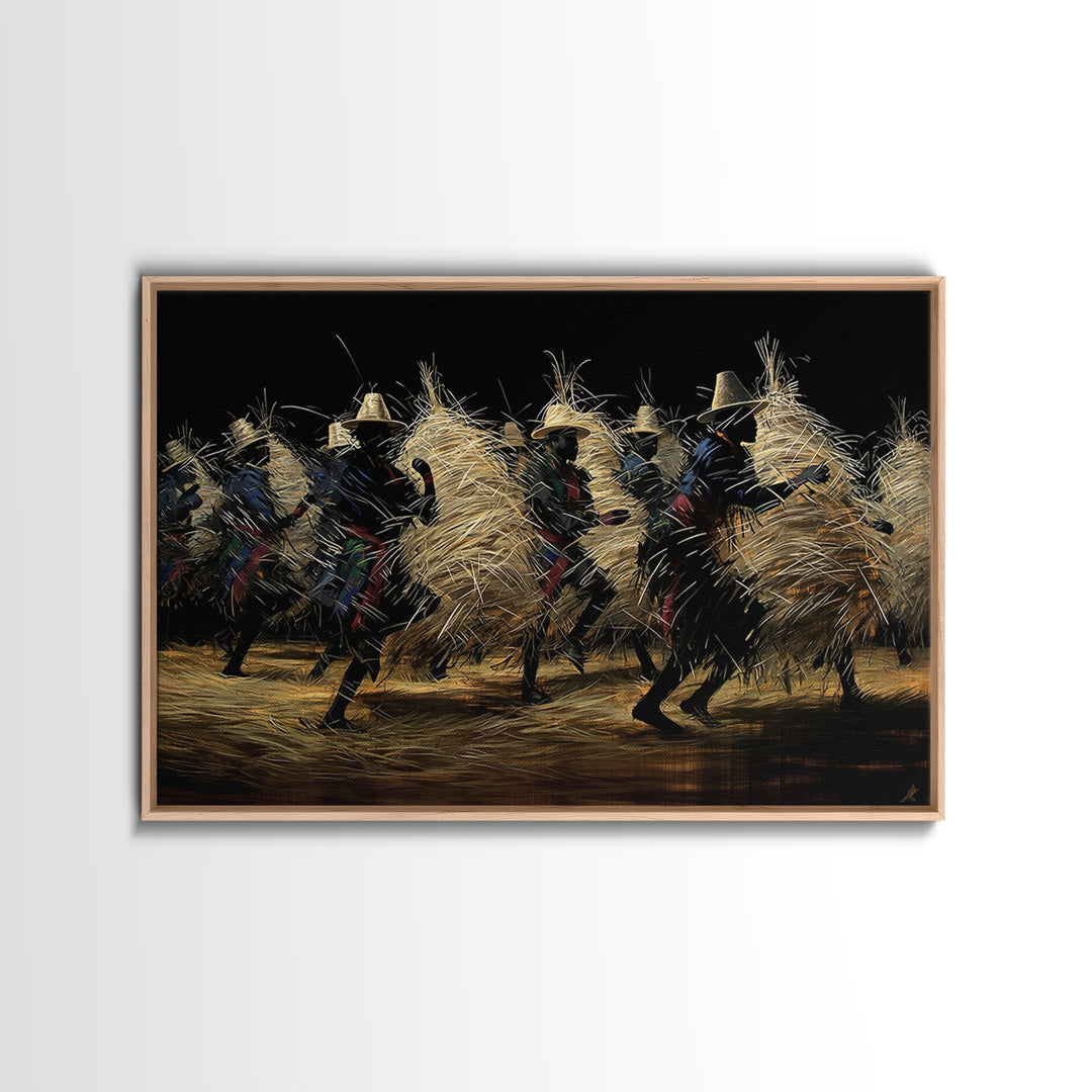 Night Straw Masquerade Dancers Framed Canvas Print, African Tribal Art, Cultural Wall Decor, Black Background Artwork, Gift