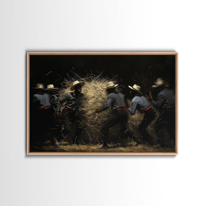Midnight Harvest Dancers With Straw Wall Art, African Culture Art, Rustic Black Decor, Dynamic Canvas Print Gift For Him