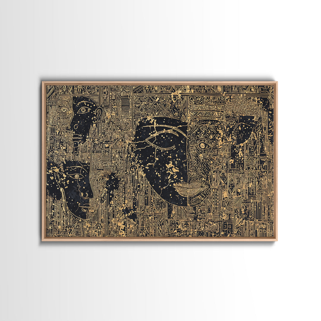 Golden Ancestral Faces And Geometric Tribal Patterns Wall Art, Afrocentric Black Culture Decor, Modern African Canvas Print