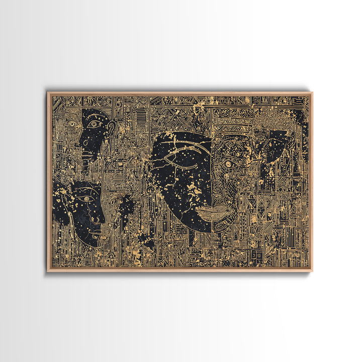 Golden Ancestral Faces And Geometric Tribal Patterns Wall Art, Afrocentric Black Culture Decor, Modern African Canvas Print