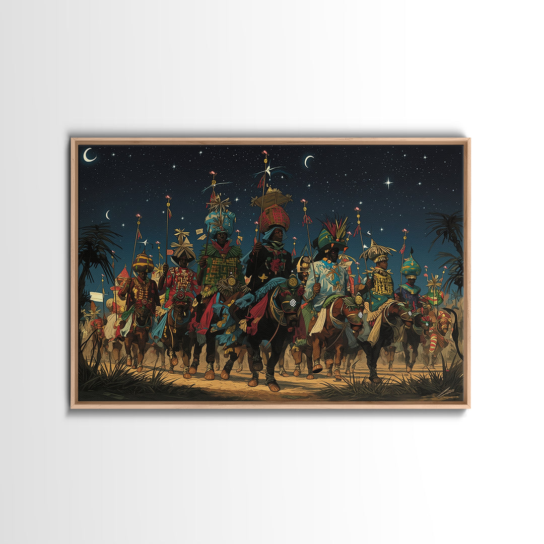 Starry Desert African Warriors On Horseback Framed Canvas Print, Tribal Procession Wall Decor, Afrocentric Safari Art Gift