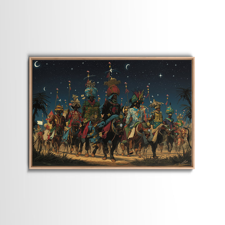 Starry Desert African Warriors On Horseback Framed Canvas Print, Tribal Procession Wall Decor, Afrocentric Safari Art Gift