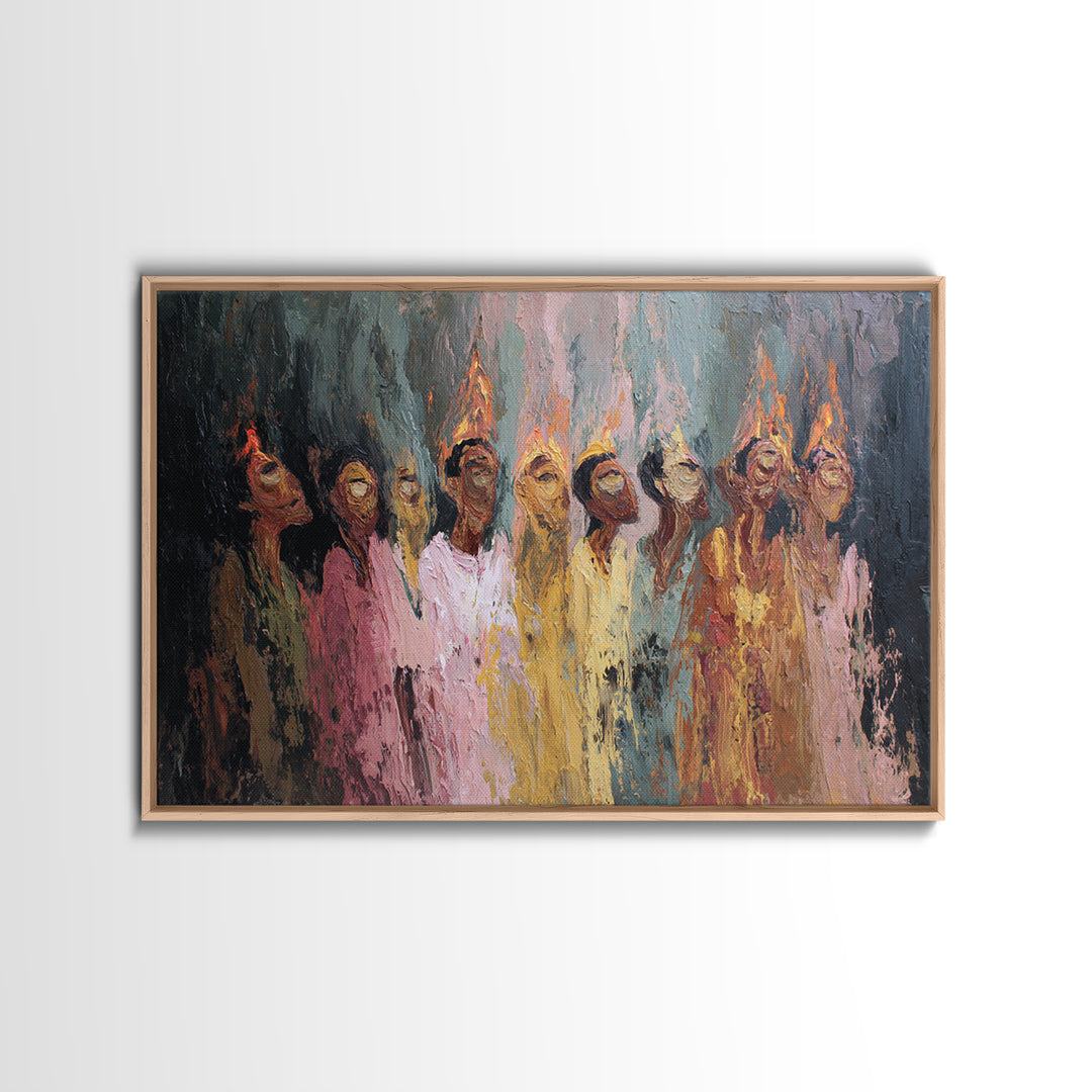Textured Women In Fiery Robes With Tall Flame Crowns Framed Canvas Print, African Women Art, Elegant Wall Decor, Home Decor Gift