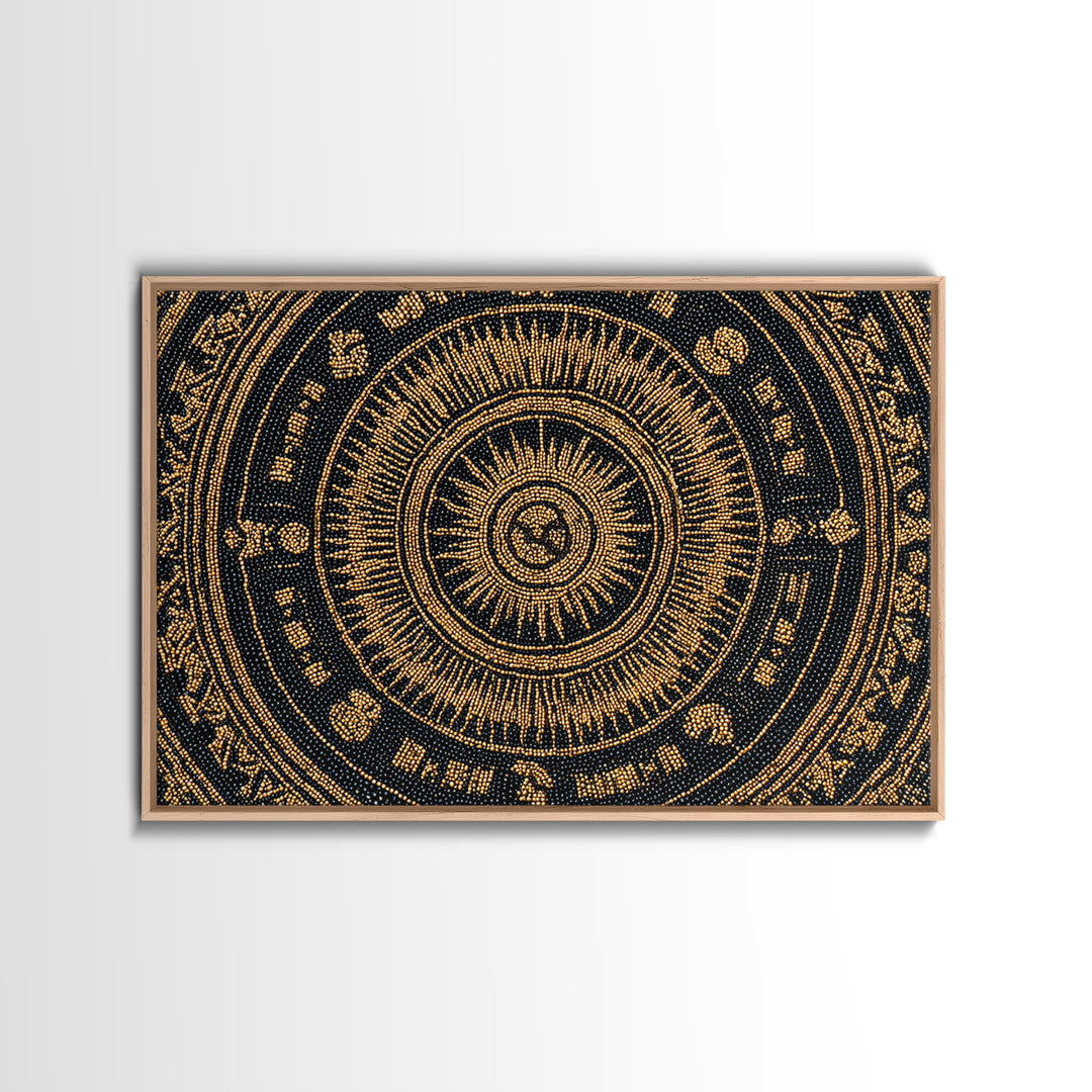 Gold Black African Mandala Bead Pattern Framed Canvas Print, Spiritual Circle Wall Decor, Elegant Ethnic Home Decor Gift