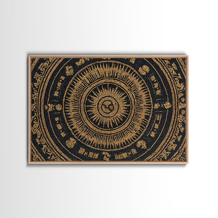 Gold Black African Mandala Bead Pattern Framed Canvas Print, Spiritual Circle Wall Decor, Elegant Ethnic Home Decor Gift