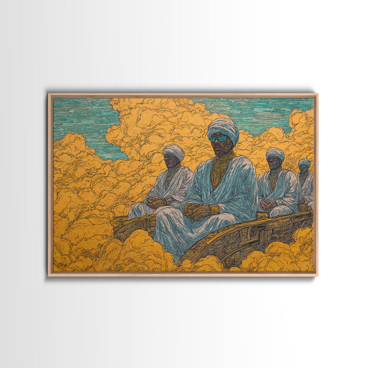 African Men In White Robes On Golden Cloud Canvas Print, Surreal Desert Journey, Cultural Wall Decor, Ethnic Home Decor Gift