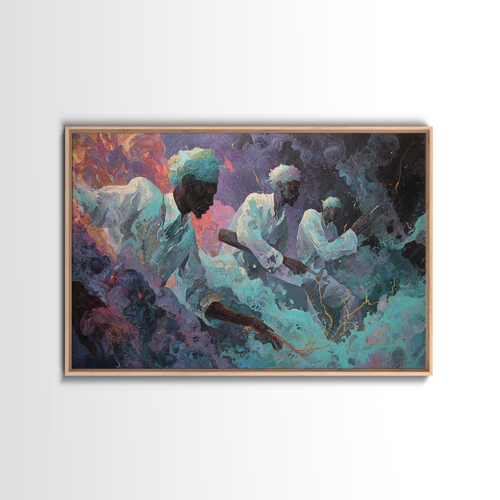 Mystical African Men In White Robes Canvas Print, Dreamy Cosmic Smoke Painting, Spiritual Afrocentric Wall Decor, Home Decor