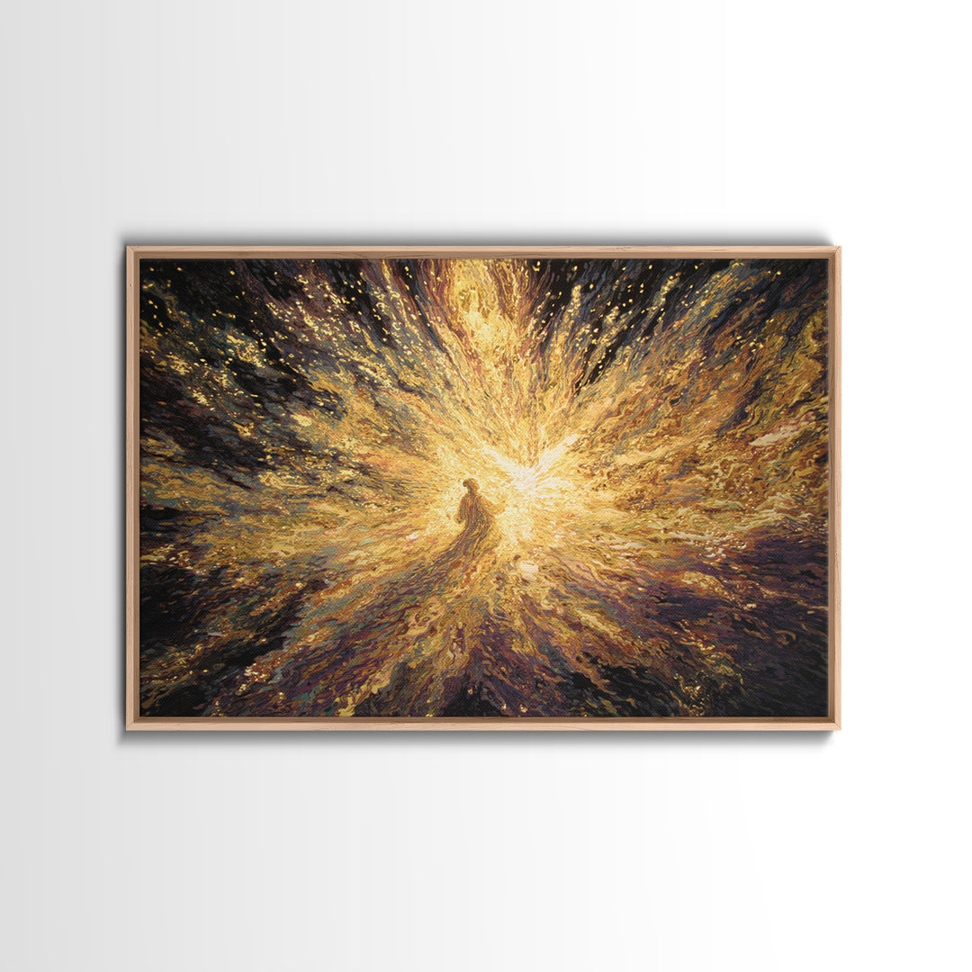 Radiant Golden Spiritual Figure Wall Art, Abstract Light Burst Painting, Mystical Afrocentric Decor, Statement Home Decor