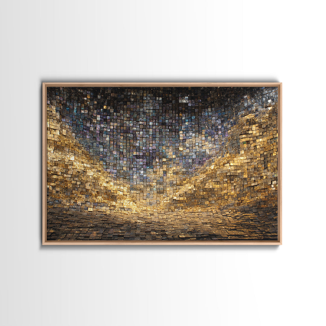 Golden Mosaic Tile Abstract Wall Art, Blue Gold Geometric Canvas Decor, Luxury Textured Art Print, Modern Statement Wall Decor