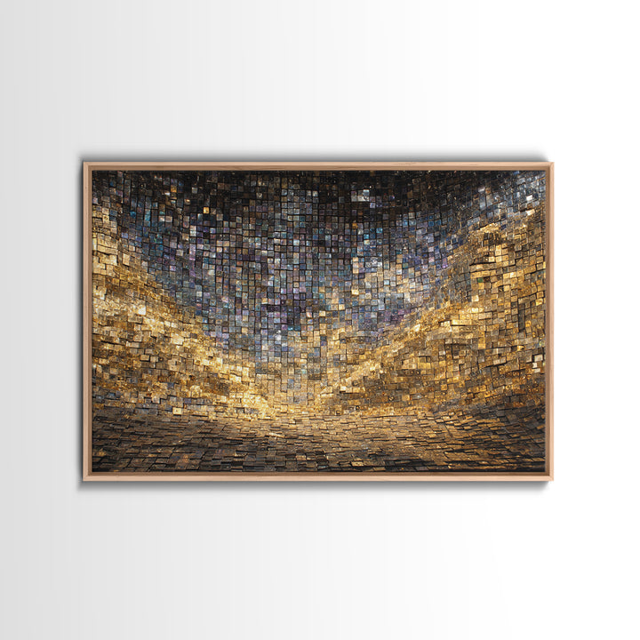 Golden Mosaic Tile Abstract Wall Art, Blue Gold Geometric Canvas Decor, Luxury Textured Art Print, Modern Statement Wall Decor