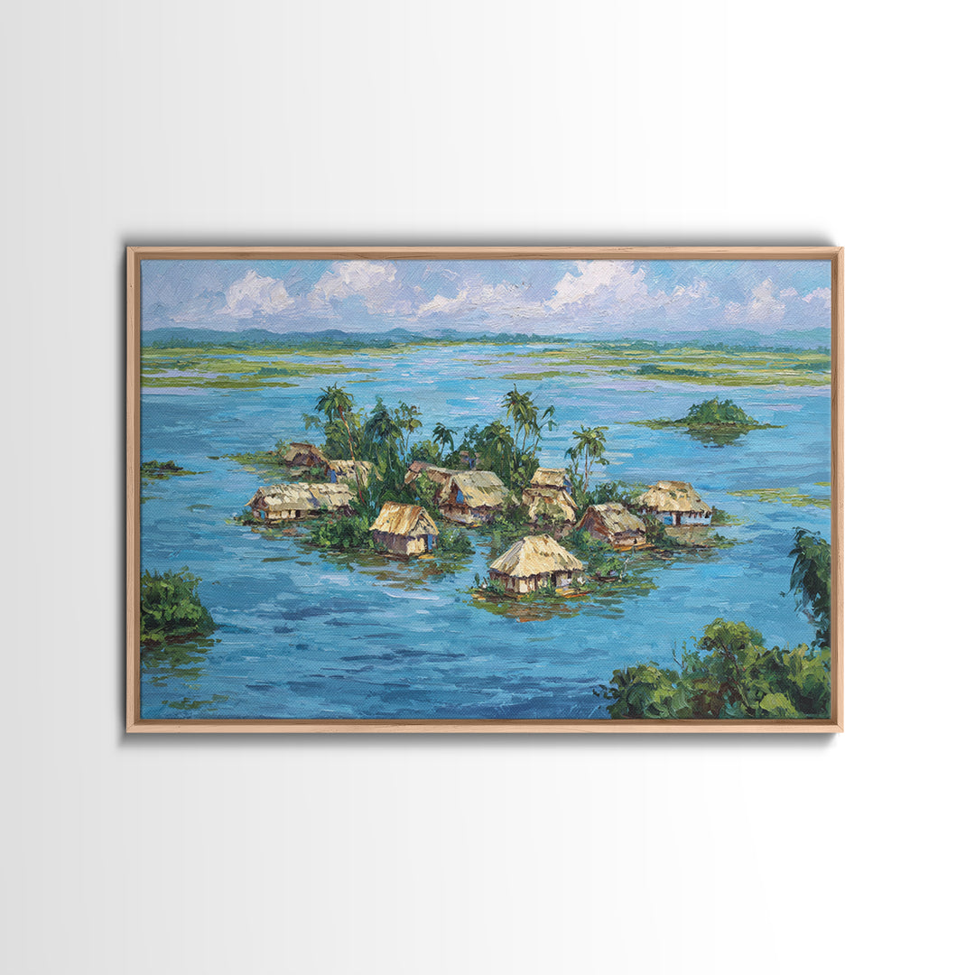 Tropical Island Village Canvas Print, Blue Water Palm Hut Landscape, Africa Inspired Coastal Wall Art, Nature Decor Gift