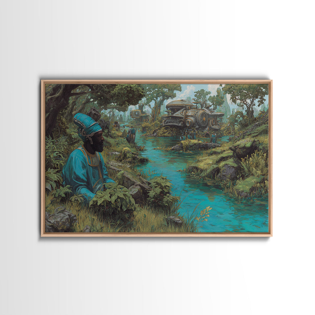 Blue Robed African Man By Jungle River Wall Art, Steampunk Train Landscape, Afrocentric Decor, Modern African Art Print Gift
