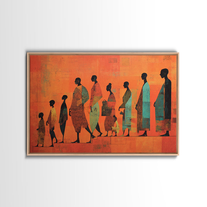 African Family Silhouette Wall Art, Orange Abstract Canvas Print, Ancestral Journey Decor, Black Culture Home Decor Gift