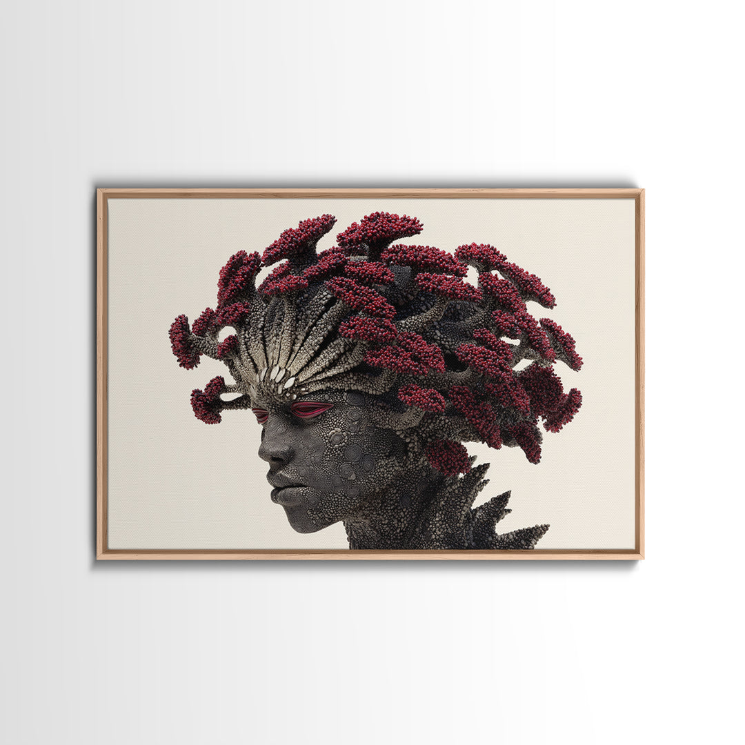 Afrofuturist Woman Portrait Wall Art, Red Coral Hair Canvas Print, Black Goddess Decor, Bold African Beauty Gift For Her