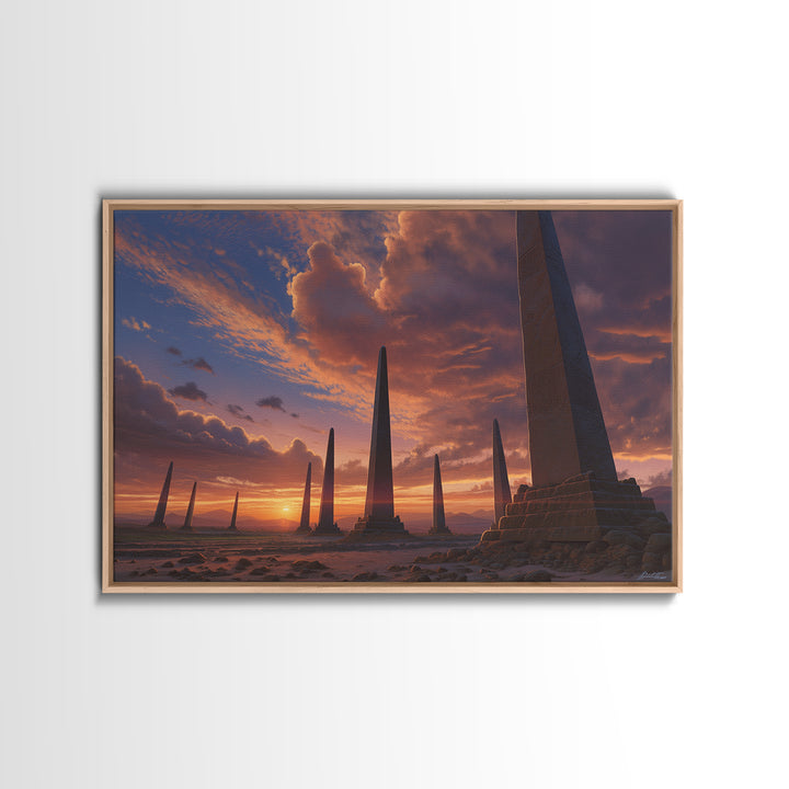 Sunset Desert Obelisks Wall Art, Ancient Monument Canvas Print, African Landscape Decor, Dramatic Travel Home Gallery Gift