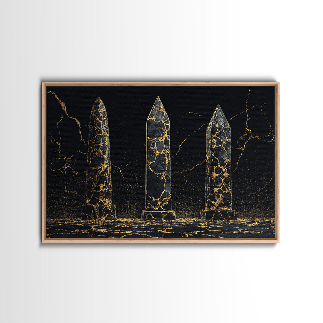 Black And Gold Cracked Obelisks Wall Art, Abstract African Art, Luxury Canvas Decor, Modern Textured Statement Wall Decor